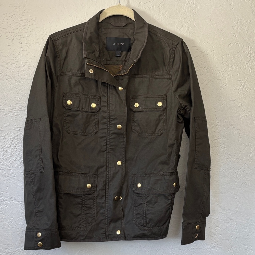 J. Crew Women's 100% cotton dark khaki Button zip front Utility Jacket M - Picture 1 of 11